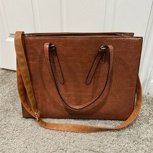 Classic Cognac Laptop Tote Bag with Shoulder Strap